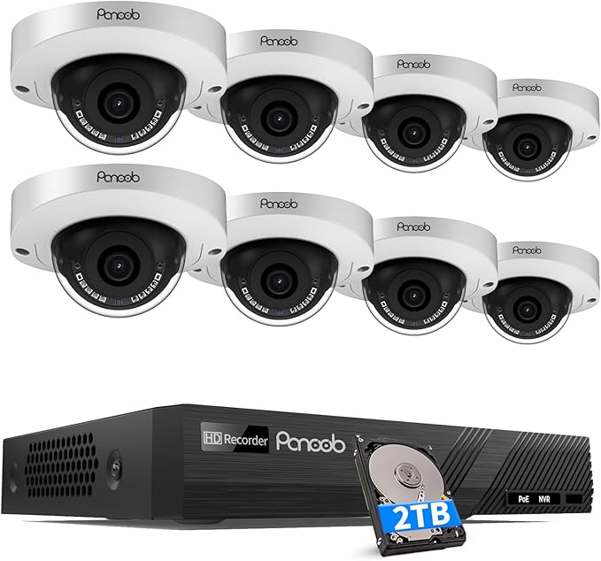 8 Channel Security Camera System, 8Pcs 5MP Wired Outdoor Surveillance IP PoE Dome Cameras with AI Person Vehicle Detection, Remote Access, Built-in Mic, 8CH 5MP PoE NVR 2TB HDD, PD63A0808-5M