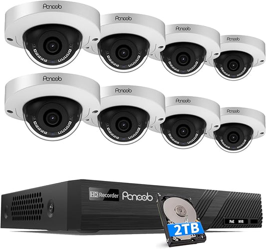 8 Channel Security Camera System, 8Pcs 5MP Wired Outdoor Surveillance IP PoE Dome Cameras with AI Person Vehicle Detection, Remote Access, Built-in Mic, 8CH 5MP PoE NVR 2TB HDD, PD63A0808-5M