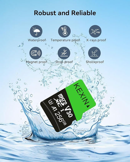 KEXIN 256GB Micro SD Card with SD Adapter microSDXC Memory Card UHS-I A1 V30 U3 Micro SD Card Full HD High Speed TF Card for Smartphone Tablet Action Camera Dash Cam Drone Game Console