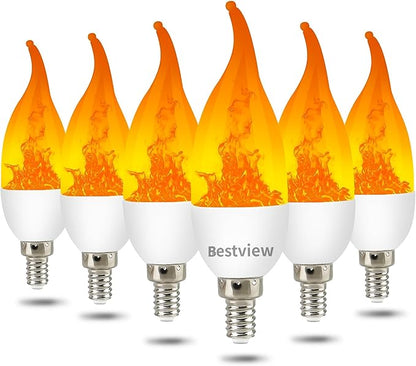 Bestview LED Flame Effect Light Bulbs,3 Modes Flickering Light Bulbs, Smart E12 Chandelier Base Candle Fire Light Bulb for Halloween, Christmas,Party, Porch Indoor&Outdoor Home Decoration -6 Pack