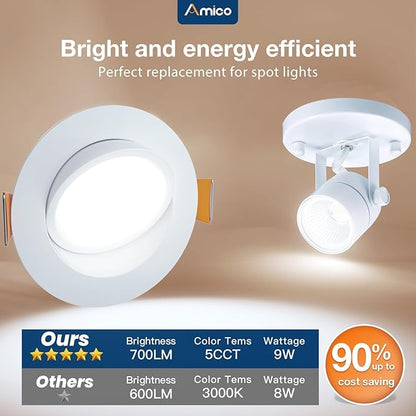 Amico 12 Pack 4 Inch 5CCT Gimbal LED Recessed Lighting, 360°&90°Adjustable Eyeball Directional Downlight, Dimmable, 2700K/3000K/3500K/4000K/5000K Selectable, 9W 700LM CRI90+, White, ETL&FCC