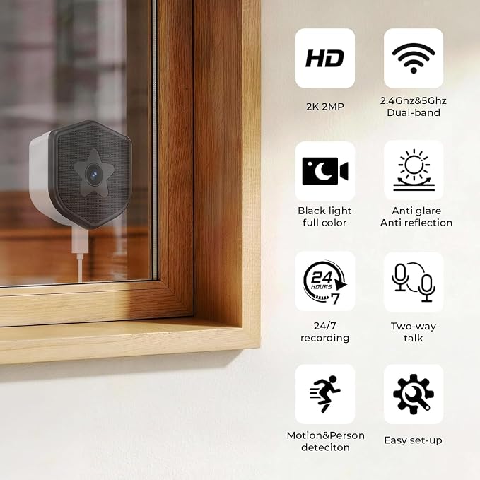 2K Window Security Camera, 2.4GHz & 5GHz WiFi Indoor Window Cameras for Home Security with Color Night Vision, AI Event Detection with Smart Search, No Drill Window Camera for Apartment (2Pcs)