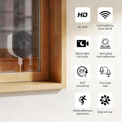 2K Window Security Camera, 2.4GHz & 5GHz WiFi Indoor Window Cameras for Home Security with Color Night Vision, AI Event Detection with Smart Search, No Drill Window Camera for Apartment (2Pcs)
