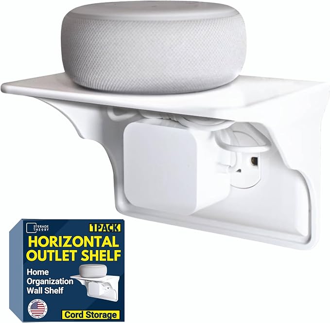 Power Perch Horizontal Outlet Shelf, Renter Friendly Shelves, 1-Pack White | No Drill Alexa Stand Holder Outlet Mount for Bathroom, HomePod Stand, Cord Storage Strap, WiFi Router Wall Shelf, USA Made