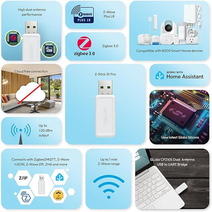 Z-Stick 10 Pro - Zigbee 3.0 & Z-Wave 800 Series USB Adapter - Works with HomeAssistant - Zigbee2MQTT - Z-Wave Controller - Z-Wave Long Range - Up to 1 Mile Wireless Range - cloudfree