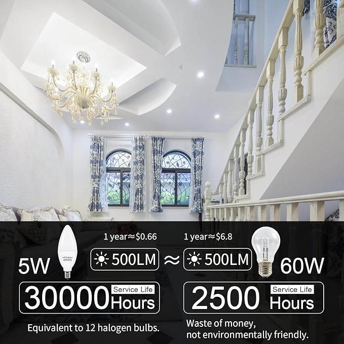 comzler E12 Ceiling Fan Light Bulbs, 5 Watt 60 Watt Equivalent LED Candelabra Bulbs, Cool Daylight 6000K Chandelier Light Bulbs, Candle Bulb Small Base for Chandelier, Non-Dimmable, 6 Pack