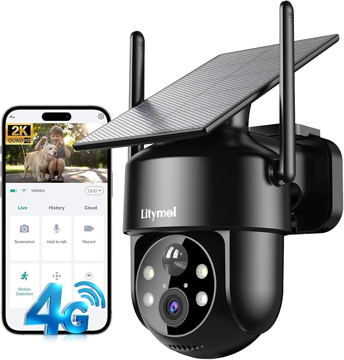 LITYMOL 4G LTE Cellular Security Camera, 2K Outdoor Camera Wireless with 360° View, Color Night Vision, AI Detection, 2-Way Audio, Spotlight Siren Alarm, SD/Cloud Storage