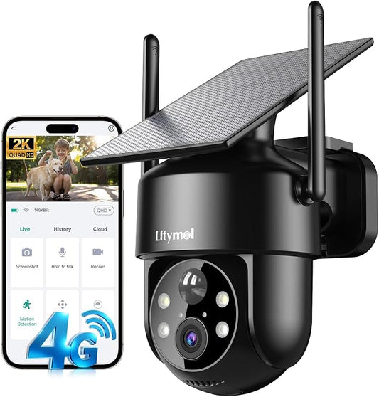 LITYMOL 4G LTE Cellular Security Camera, 2K Outdoor Camera Wireless with 360° View, Color Night Vision, AI Detection, 2-Way Audio, Spotlight Siren Alarm, SD/Cloud Storage