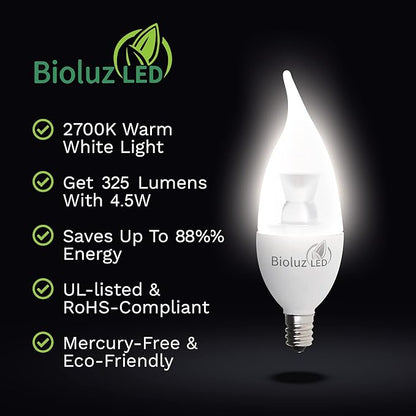 Bioluz LED Light Bulb 40W Candelabra LED Bulbs w/Flame Tip, Dimmable12 Base Candle Light Bulbs 2700K Warm White LED Light Bulb for Indoor/Outdoor Use FCC and UL Listed 12 Pack