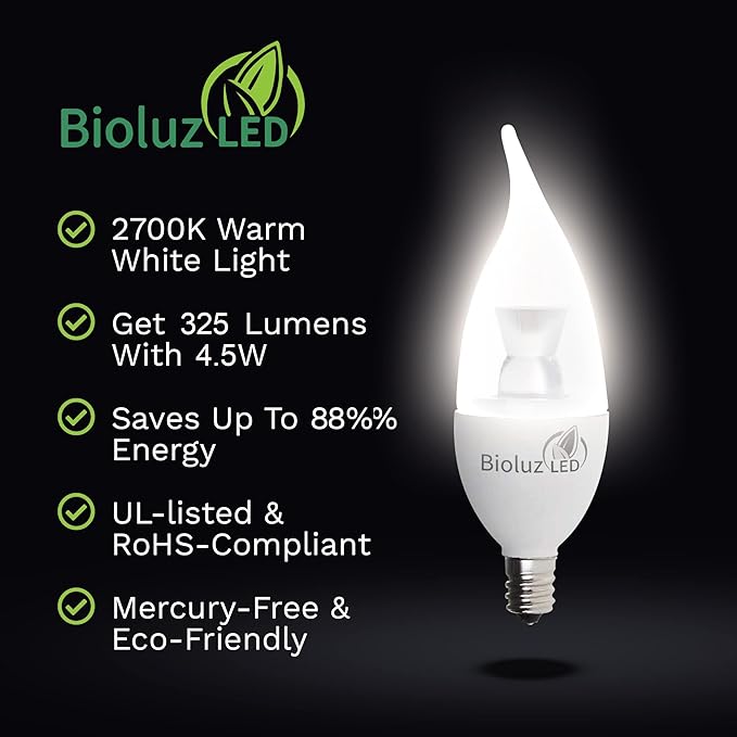 Bioluz LED Light Bulb 40W Candelabra LED Bulbs w/Flame Tip, Dimmable12 Base Candle Light Bulbs 2700K Warm White LED Light Bulb for Indoor/Outdoor Use FCC and UL Listed 6 Pack