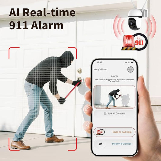 Smart Wired Security Camera Outdoor,5G&2.4G WiFi Cameras for Home Security,2K&360° PTZ Camera,911 Call for AI,IP66 Waterproof,Motion Detection,US Cloud APP&TF Card,Support Alexa