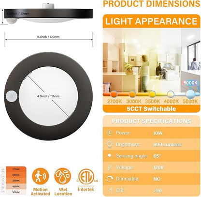 4 Inch Field Selectable 5CCT LED Motion Sensor Ceiling Light, 120V Wired Closet Light, 10 Watts, 600Lm, CRI80+, Non-dimmable, ETL Certified, Wet Location, Round/Black, 1 Pack