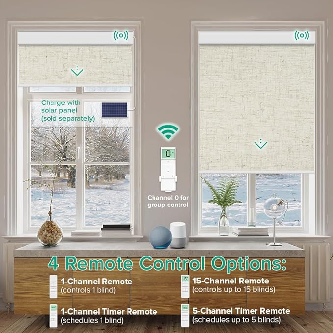 Motorized Roller Shades, 10O% Blackout Remote Control Custom Window Shades Compatible with Alexa Google Assistant via RF Hub, Rechargeable Electric Blinds for Windows (Texture Beige)