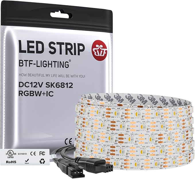 BTF-LIGHTING RGB+Warm White SK6812 LED Strip 16.4FT 300LED IP30 DC12V | RGBW Individually Addressable UL Listed 4 Colors in 1 Light (Similar WS2812B) White PCB(No Adapter or Controller)