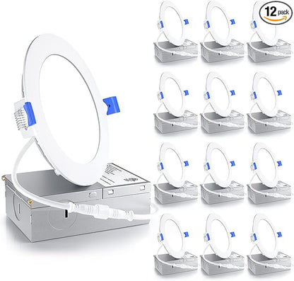 Ensenior 12 Pack 4 Inch LED Recessed Light, Dimmable, 6000K Clear White, 750LM High Brightness, 9W 120V, 2 Pin, ERL-9X-ETL, Damp Rated, Ultra-Thin Canless Wafer Ceiling Light - ETL & FCC & IC