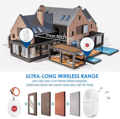 ChunHee Wireless Caregiver Pager Call Button Vibration Nurse Alert System | Call Bell Alert System for Seniors Patients Elderly at home 800ft Range 2 Waterproof Transmitters 2Portable Receivers