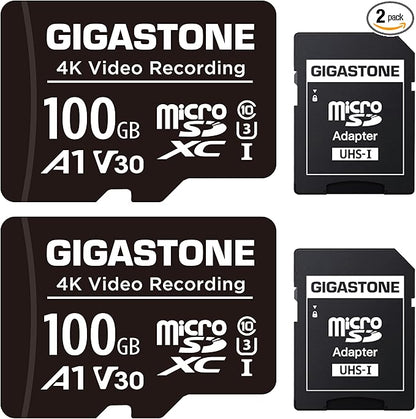 GIGASTONE 100GB Micro SD Card 2-Pack, A1 V30 4K Video Recording, Compatible with Security Camera, Dash Cam, Drone, 100MB/s MicroSDXC Memory Card UHS-I, with Adapter