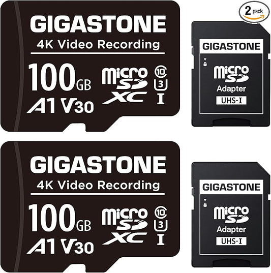 GIGASTONE 100GB Micro SD Card 2-Pack, A1 V30 4K Video Recording, Compatible with Security Camera, Dash Cam, Drone, 100MB/s MicroSDXC Memory Card UHS-I, with Adapter