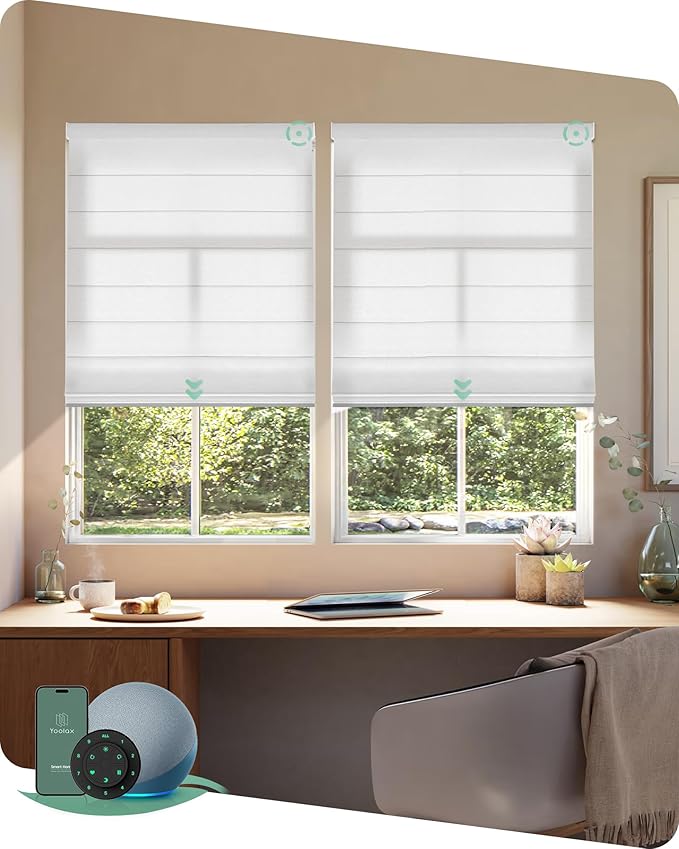 Yoolax Motorized Roman Shades with Remote, Smart Roman Shades for Windows, Light Filtering Automatic Blinds Work with Alexa, Google, Apple Homekit for Living Room, Dining Room, Customized (White)