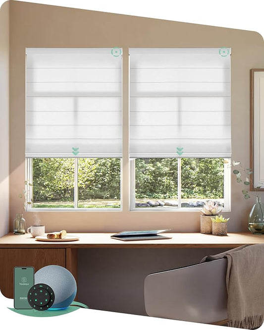 Yoolax Motorized Roman Shades with Remote, Smart Roman Shades for Windows, Light Filtering Automatic Blinds Work with Alexa, Google, Apple Homekit for Living Room, Dining Room, Customized (White)