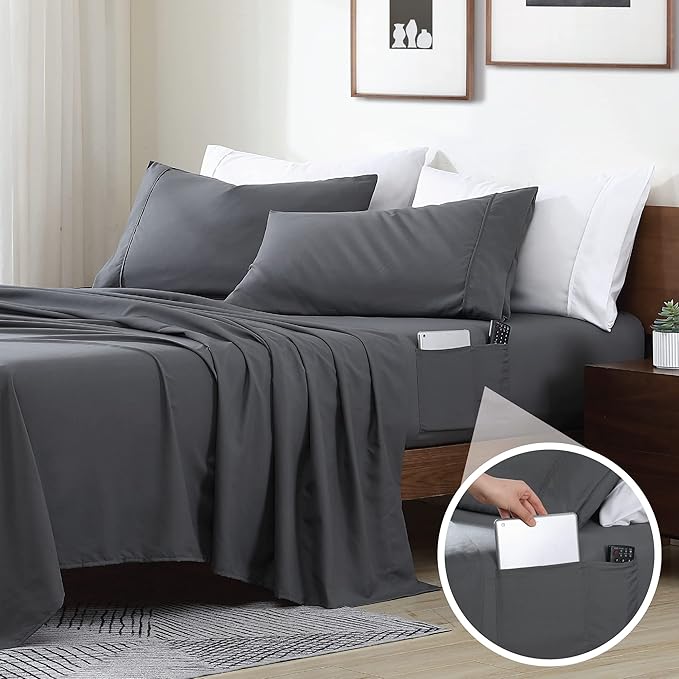 Swift Home Smart Sheets, Ultra Soft Brushed Microfiber 3-Piece Sheet Set, Fitted Bed Sheet with Side Storage Pockets – Grey, Twin XL