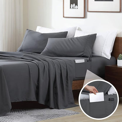 Swift Home Smart Sheets, Ultra Soft Brushed Microfiber 3-Piece Sheet Set, Fitted Bed Sheet with Side Storage Pockets – Grey, Twin XL