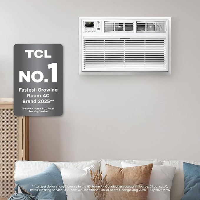 TCL H8T9E1-A 8,000 BTU Smart Through-The-Wall Air Conditioner, Fan & Dehumidifier, 350 Sq. Ft, Remote Control, Compatible with Alexa/Google Assistant, White