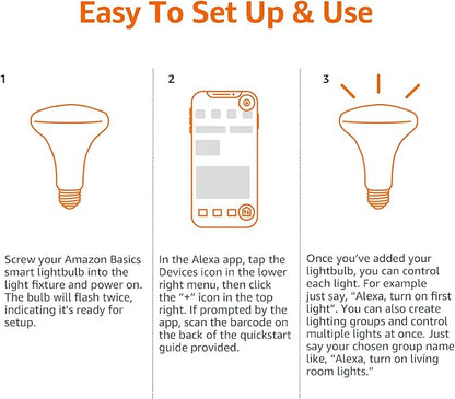 Amazon Basics Smart BR30 LED Light Bulbs for Bedroom Living Room, Dimmable Soft White (2700K), 9W (60W Equivalent), 800LM, Voice Control, Works with Alexa Only, 2.4 GHz Wi-Fi, No Hub Required, 4-Pack