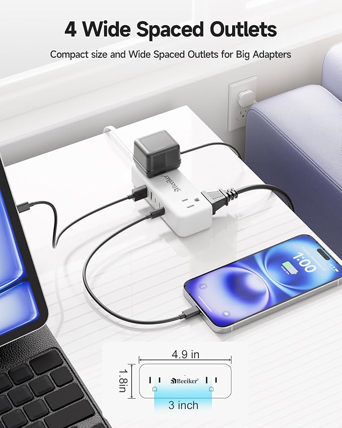 Beeiker 30W 3 USB C Travel Power Strip- 5Ft Extension Cord with 5 USB and 4 Outlets, Compact Flat Plug Small Extension Cord for Travel Cruise College Dorm Office White