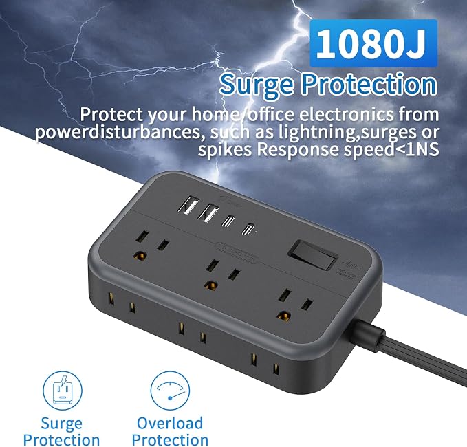 10 in 1Power Strip NTONPOWER Ultra Thin Flat Plug Extension Cord with 4 USB Ports(Include 2 USB C) Surge Protector Power Strip with Flat Cord 6 Widely Spaced Outlet(2 Side) 5 Ft Extension Cord-Black