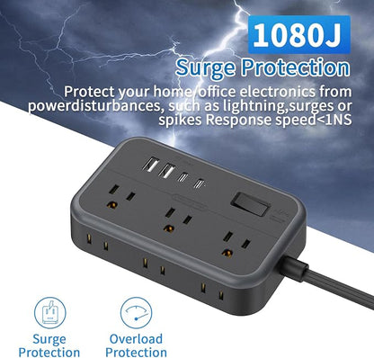 10 in 1Power Strip NTONPOWER Ultra Thin Flat Plug Extension Cord with 4 USB Ports(Include 2 USB C) Surge Protector Power Strip with Flat Cord 6 Widely Spaced Outlet(2 Side) 5 Ft Extension Cord-Black