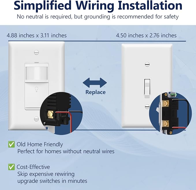 LIDER PIR Vacancy Motion Sensor Switch, LED, UL Listed, Matte White | 1200 Sq. Ft. Coverage, No Neutral Required, No Ground Required, Adjustable Time Delay, Wall Plate Included, Guide Light