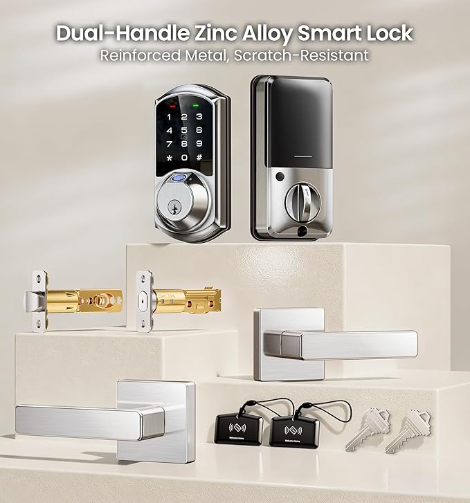 Veise VE07-L Fingerprint App Control Smart Locks with Heavy-Duty Zinc Alloy Handles, Keyless Entry for Front Door, Digital Electronic Touchscreen, Auto Lock, Waterproof, Easy Install, Satin Nickel