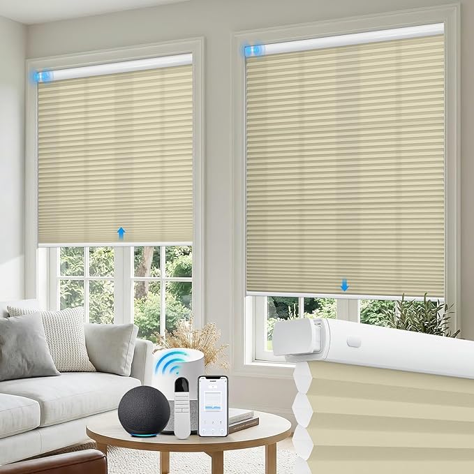 Motorized No Drill Cordless Cellular Shades, 1.5" Smart Electric Honeycomb Blind with Remote Control, Automatic No Drill Cellular Shades for Home and Office Indoor Window, Light Filtering Beige