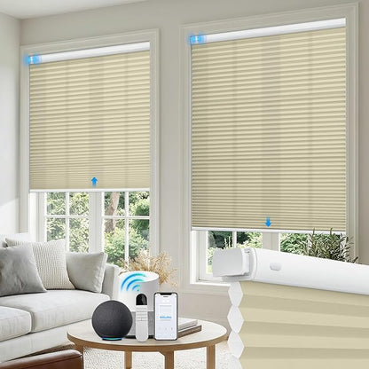 Motorized No Drill Cordless Cellular Shades, 1.5" Smart Electric Honeycomb Blind with Remote Control, Automatic No Drill Cellular Shades for Home and Office Indoor Window, Light Filtering Beige