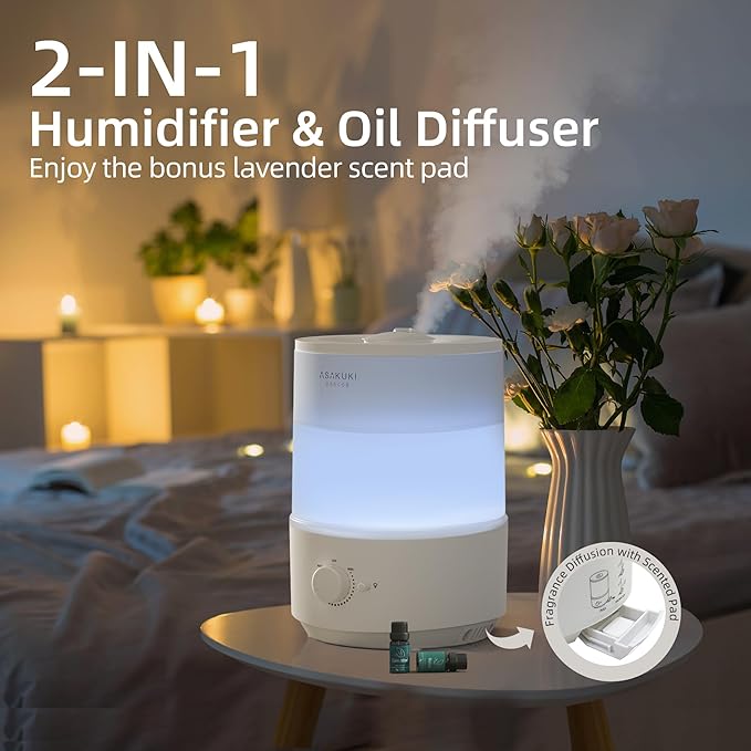 ASAKUKI Humidifiers for Bedroom, 3L Top Fill Cool Mist Humidifiers for Baby Nursery & Plants, 3-IN-1 Quiet Air Humidifier, Oil Diffuser & Night Light for Large Room Home, Auto Shut-off, BPA-Free, 30H