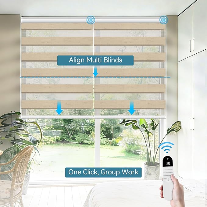Interior Window Shades, Smart Dual Layer Light Filtering Blinds Compatible with Alexa & Google Home, Customized Size Cordless Electric Window Shades, (Linen Apricot, 55% Blackout)