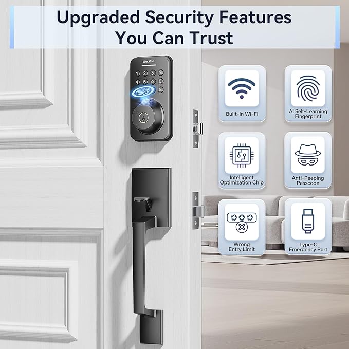 Ulecoce Fingerprint Keypad Deadbolt with Handle Set, Keyless Entry Door Lock, Door Locks for Front Door Lock Set, App Control, Auto Locking, Easy to Install, Matte Black