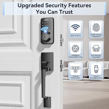 Ulecoce Fingerprint Keypad Deadbolt with Handle Set, Keyless Entry Door Lock, Door Locks for Front Door Lock Set, App Control, Auto Locking, Easy to Install, Matte Black