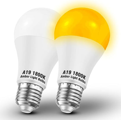 Amber Sleep Light Bulbs 1800K, A19 9W Amber Light Bulb 60W Equivalent, Blue Light Blocking 800lm, E26 Bright Warm Light Bulb for Healthy Sleep, Bedroom, Porch, Patio Lighting, Non-Dimmable, 2 Pack