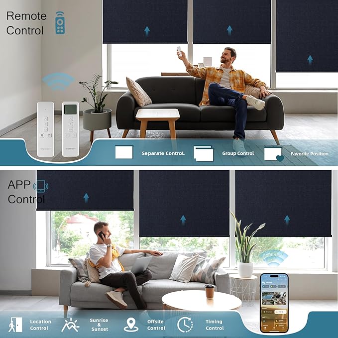 Motorized Roller Shade, 100% Blackout Smart Window Blinds Work with Homekit, Alexa, Google Home, Remote Control, Electric Blinds with USB/Solar Pannel,Dark Onyx Black