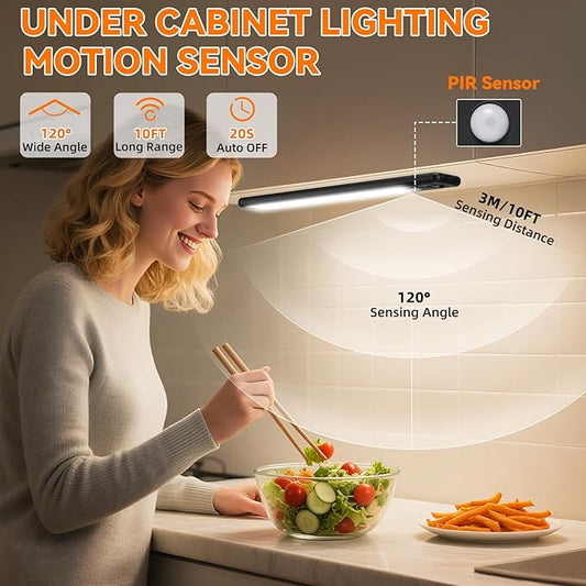 Under Cabinet Lighting Wireless, Rechargeable 10inch Motion Sensor Light Indoor, 3 Color Closet Light Battery Operated with LED Power Display, Magnetic Under Counter Lights for Kitchen (3Pack-Black)