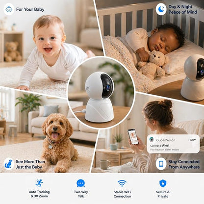 Baby Monitor with Camera and Audio, Smart Motion Tracking & 3X Zoom, Indoor Camera, Color Night Vision, 5G/2.4G WiFi, Two-Way Audio, 3MP 355° Pan Tilt, Pet Camera, SD/Cloud