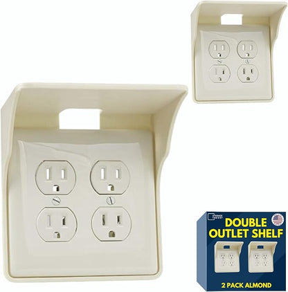 Power Perch Double Outlet Shelf Organizer for Alexa Echo Dot Speakers, Phone - Wall Outlet Holder with Cord Storage Strap - Socket Shelf Bathroom Kitchen Counter Charging Station - Almond 2 Pack