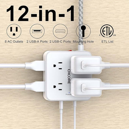 Surge Protector Power Strip - CHCORE 10 Ft Braided Extension Cord with 8 Outlets with 4 USB (2 USB C) Charging Ports, Flat Plug Multi Plug Outlet Extender Charging Station for Home Office, ETL, White