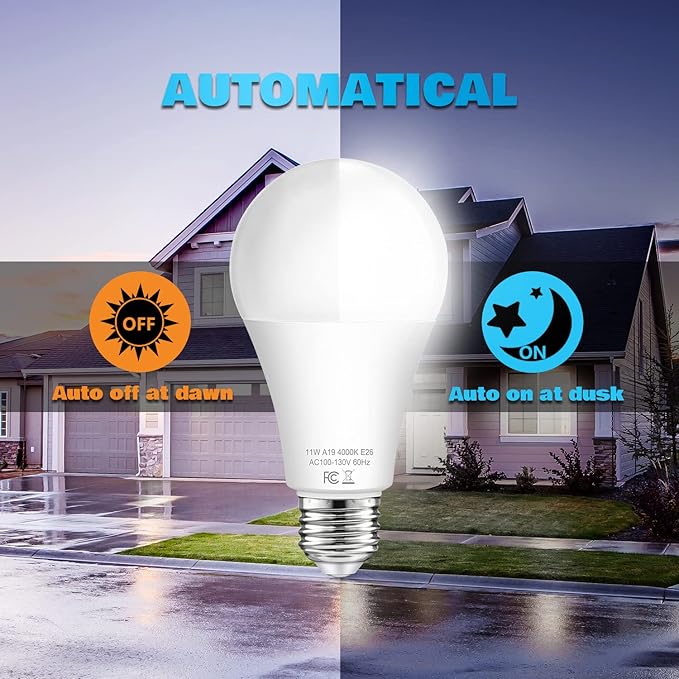 TOBUSA Dusk to Dawn Sensor Light Bulb Outdoor, A19 LED Bulbs Auto On Off 100 watt Equivalent, E26 Sensor Bulbs Neutral White 4000K, 11W 1200lm Smart Light Bulbs for Porch Garage Security, 4PACK