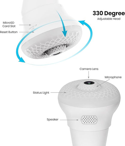 Feit Electric Smart Rotating Light Bulb with Wireless Camera, Motion Sensor, Night Vision, and 2-Way Speaker, 40W Equivalent, E26 Base, 5000K Daylight, 15,000-Hour Lifetime, A450/850/CAMWIFI/LED