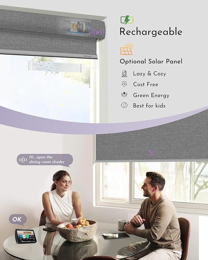 Graywind Smart Blackout Roller Shades Compatible with Alexa Google Textured Fabric Rechargeable Motorized Blinds Cordless Remote Control Window Shades, Custom Size (Weaving Cloud) (GW-QZYM-TH00)