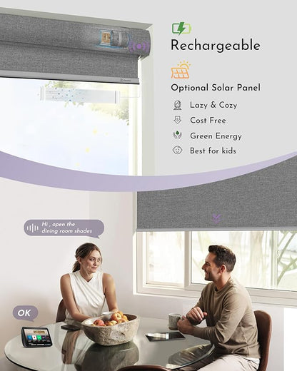 Graywind Smart Blackout Roller Shades Compatible with Alexa Google Textured Fabric Rechargeable Motorized Blinds Cordless Remote Control Window Shades, Custom Size (Weaving Cloud) (GW-QZYM-TH00)