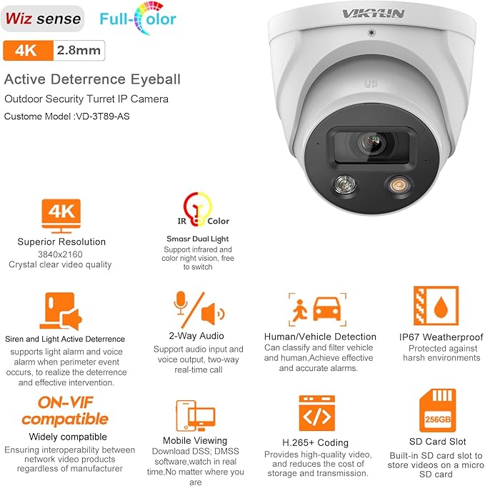 VIKYLIN 8MP IP POE AI Camera, Active Deterrence, 4K @30fps 98ft Night Color Vision F1.0,Vehicle & Human Detection, 2-Way Audio,SD(256GB),IP67 Security Wizsense Outdoor Turret Camera(VK3849)